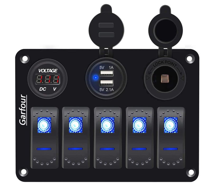 Garfour 5 Gang Marine Switch Panel - Waterproof Boat Switch Panel with 3.1A Dual USB, LED Voltmeter & Cigarette Lighter Socket for Boats, Trucks, RVs, SUVs - Image 1